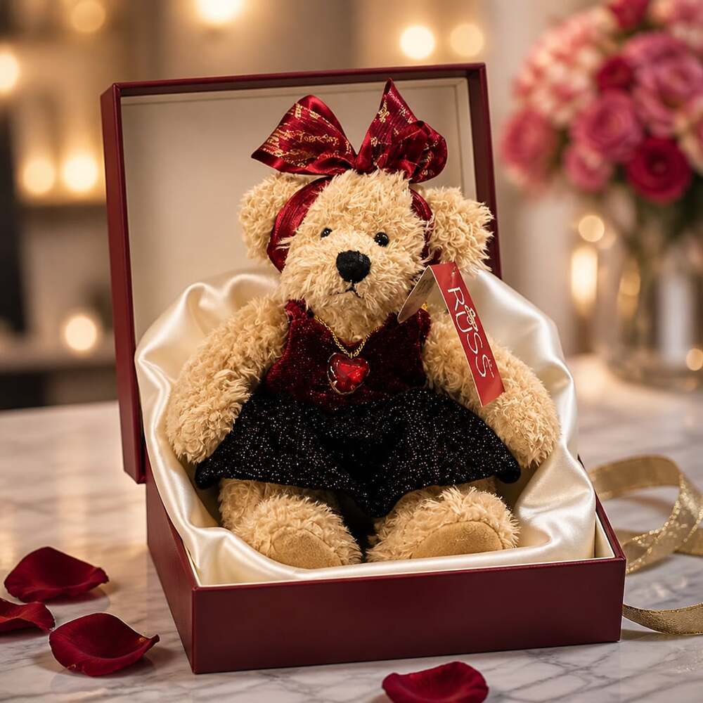 Russ Berrie Plush Teddy Bear with Red Velvet Dress and Heart Necklace